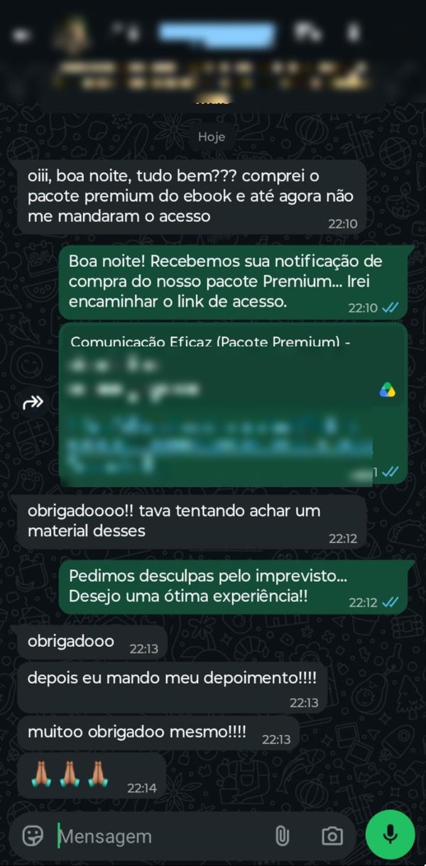 Conversa no WhatsApp: leitor agradece o suporte após receber o acesso ao Pacote Premium